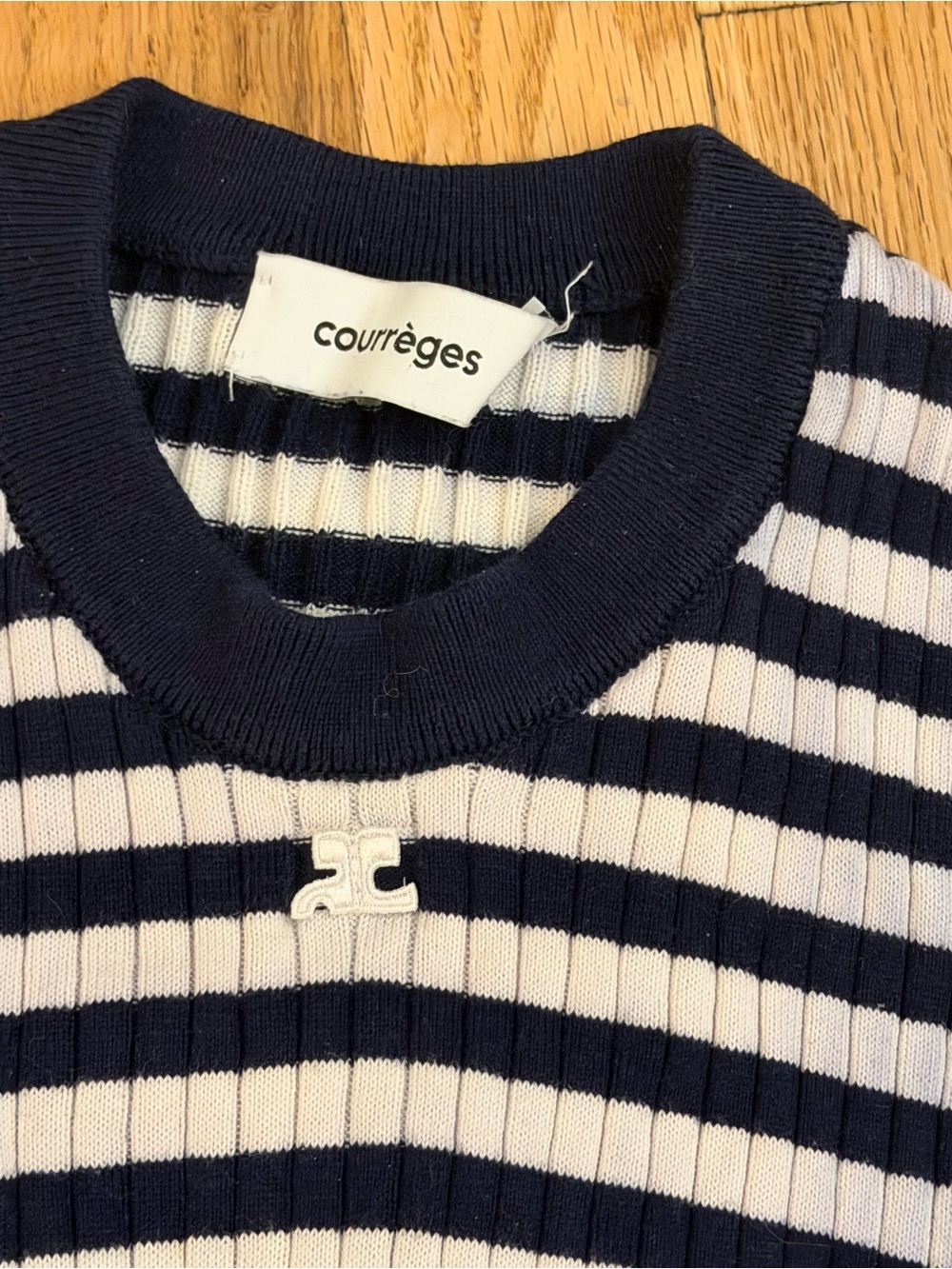 Courrèges Navy & White Ribbed Stripe Crewneck Sweater